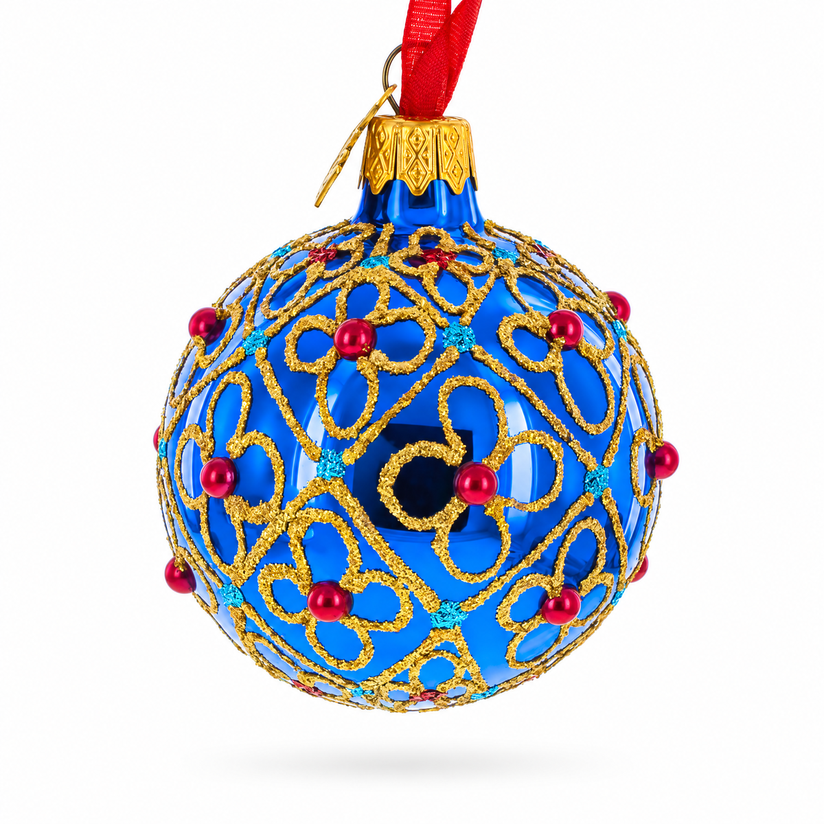 Red Beads, Blue Crystals & Filigree Trellis Glitter on Gold Glass Ball Ornament 2.4 Inches