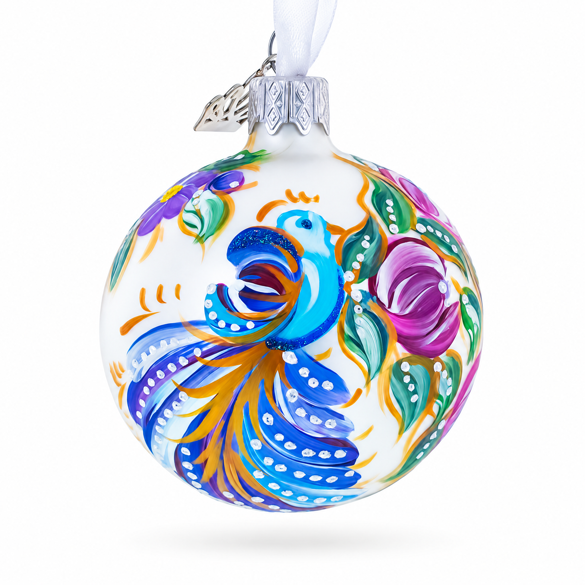 Bird & Floral Design Folk Art Glass ball Ornament 2.4 Inches