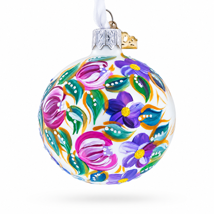 Bird & Floral Design Folk Art Glass ball Ornament 2.4 Inches