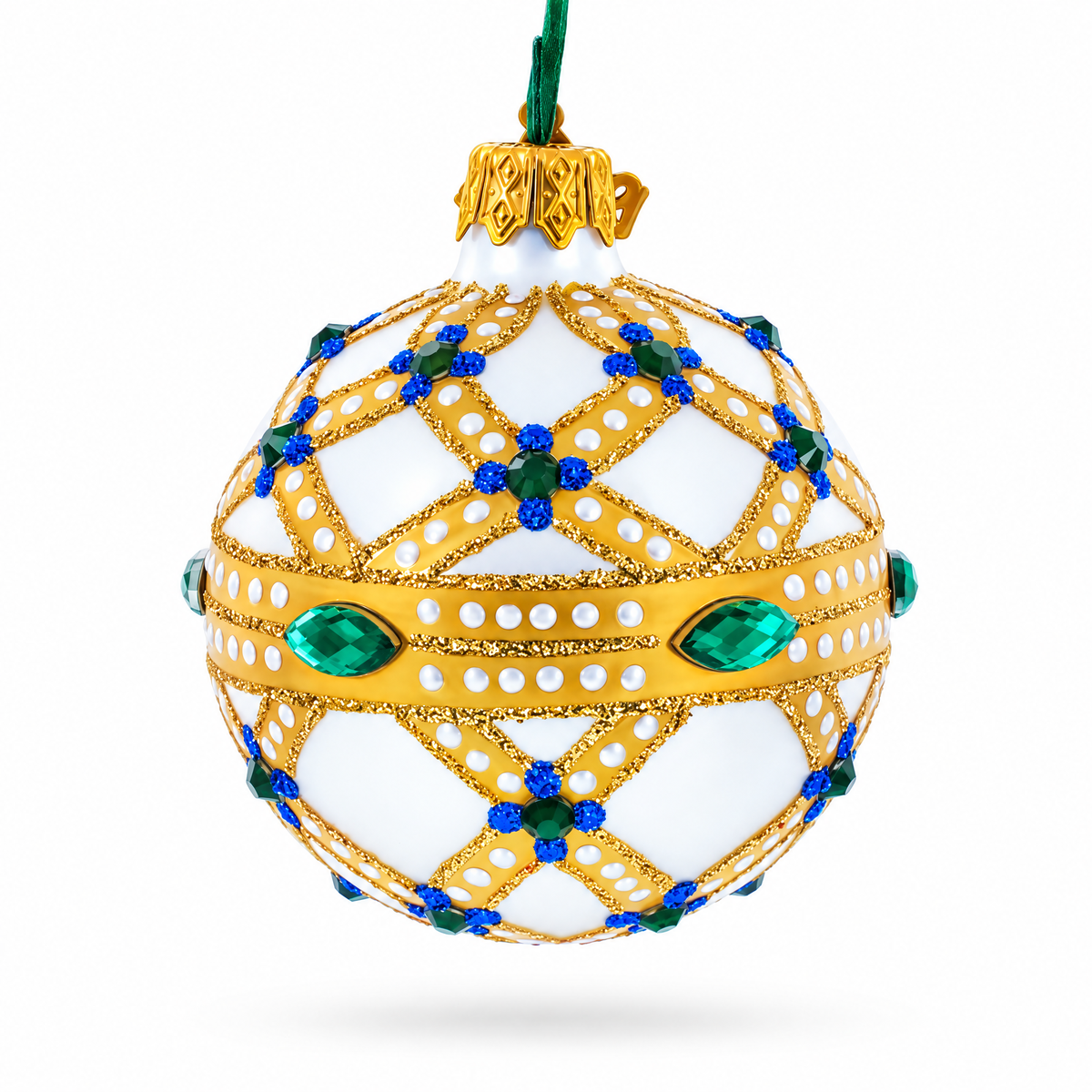 Yellow Trellis, Green Gems & Royal Blue Accents Glass Ball Christmas Ornament 2.4 Inches