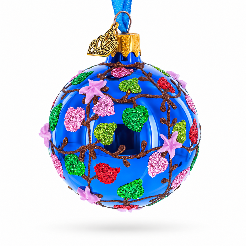 Vibrant Pink Heart Vines with 3D Roses Glass Ball Christmas Ornament 2.4 Inches