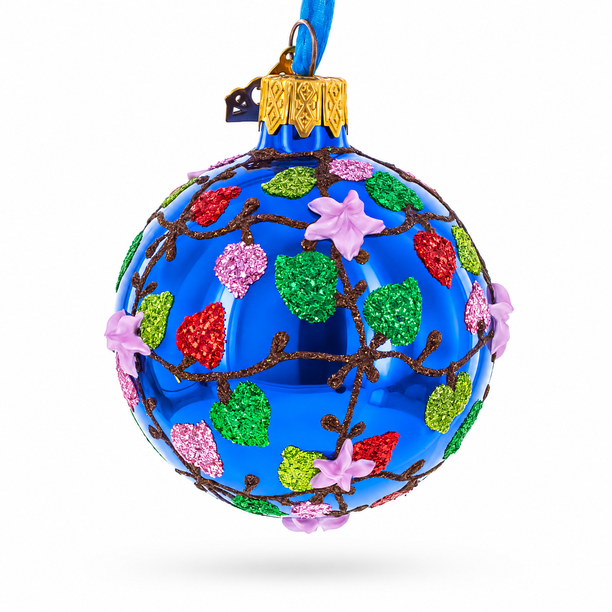 Vibrant Pink Heart Vines with 3D Roses Glass Ball Christmas Ornament 2.4 Inches
