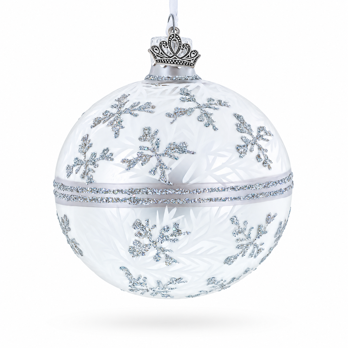 White Winter Glitter Snowflake Design Glass Ball Christmas Ornament 3.25 Inches
