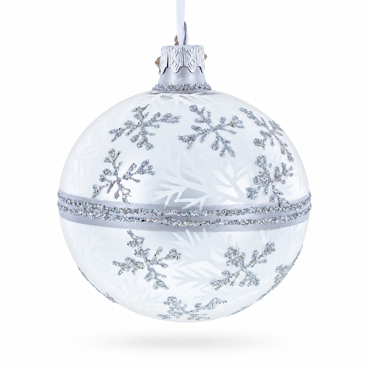 White Winter Glitter Snowflake Design Glass Ball Christmas Ornament 3.25 Inches