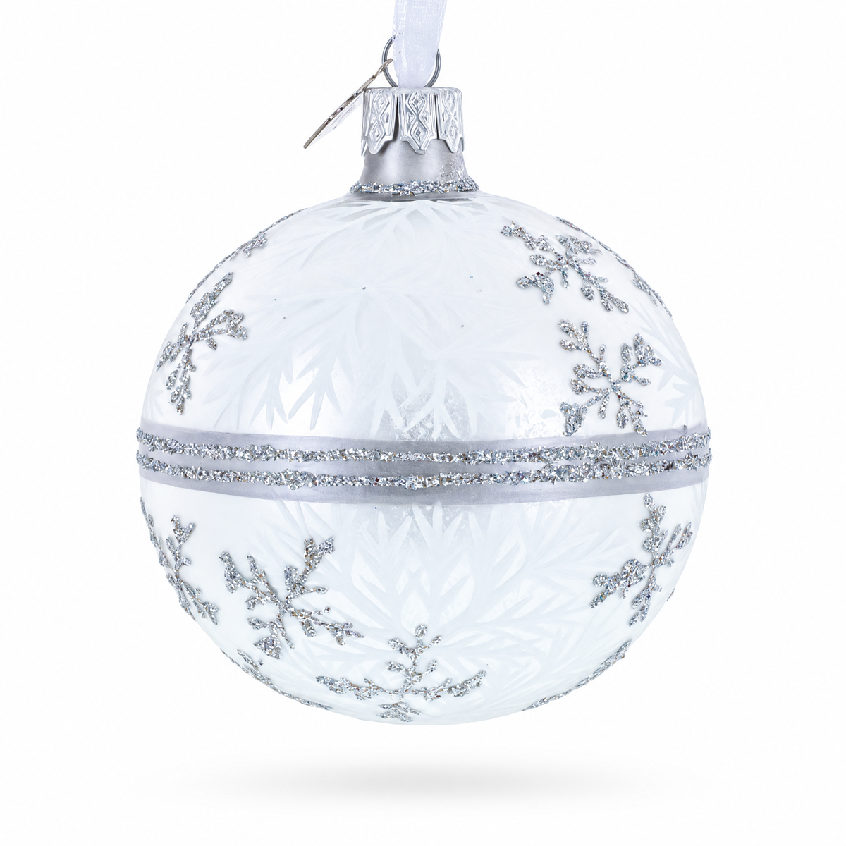 White Winter Glitter Snowflake Design Glass Ball Christmas Ornament 3.25 Inches
