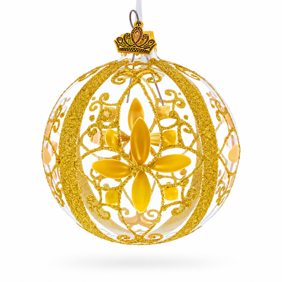 Gold Filigree Floral Design Glass Ball Christmas Ornament 3.25 Inches