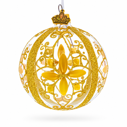 Gold Filigree Floral Design Glass Ball Christmas Ornament 3.25 Inches