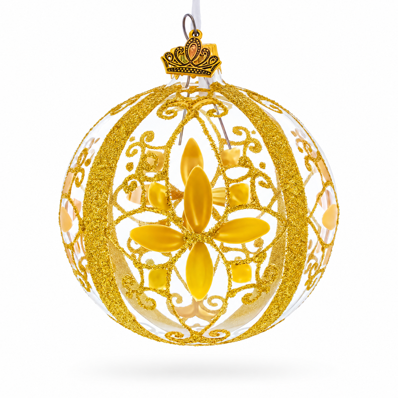 Gold Filigree Floral Design Glass Ball Christmas Ornament 3.25 Inches