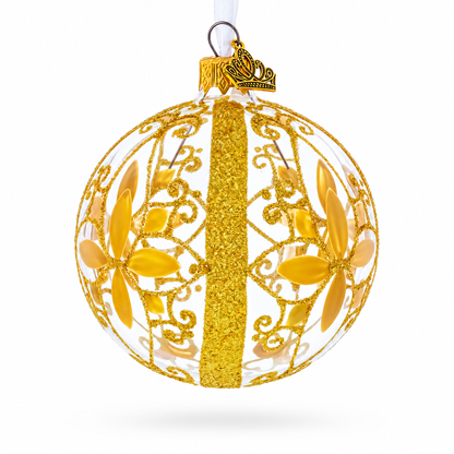Gold Filigree Floral Design Glass Ball Christmas Ornament 3.25 Inches