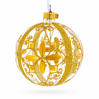 Gold Filigree Floral Design Glass Ball Christmas Ornament 3.25 Inches