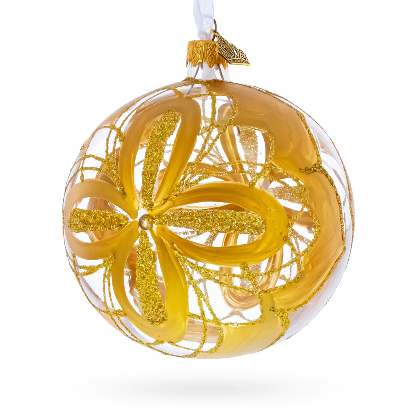 Radiant Gold Starburst Pattern Glass Ball Christmas Ornament 4 Inches
