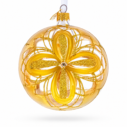 Radiant Gold Starburst Pattern Glass Ball Christmas Ornament 4 Inches