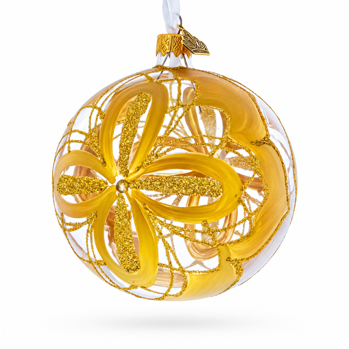 Radiant Gold Starburst Pattern Glass Ball Christmas Ornament 4 Inches