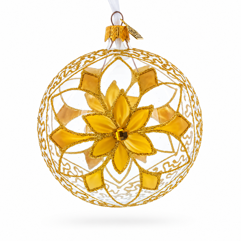 Gold Blossom with Gem Center Glass Ball Christmas Ornament 4 Inches