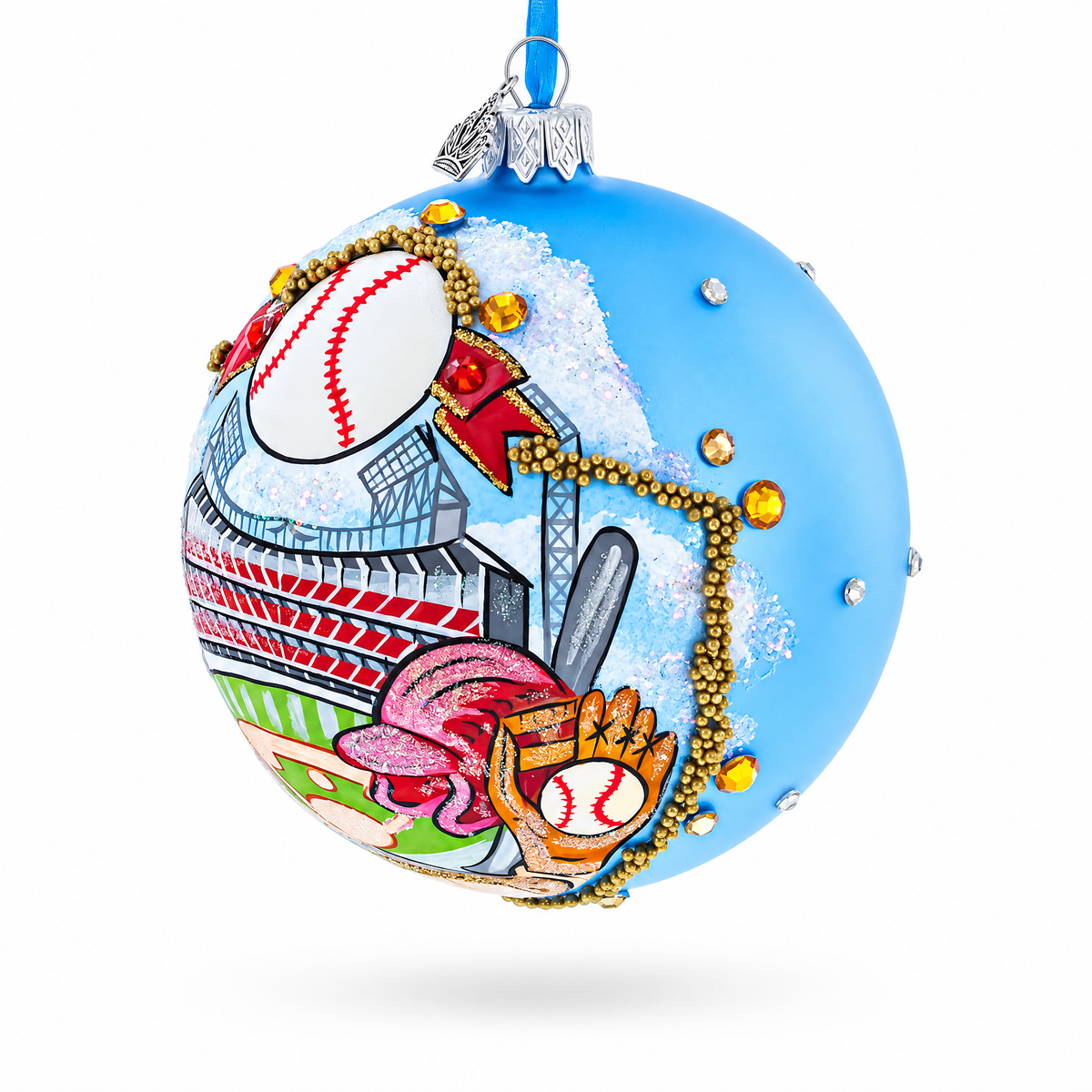 Baseball Stadium Scene Glass Ball Christmas Ornament 4 Inches