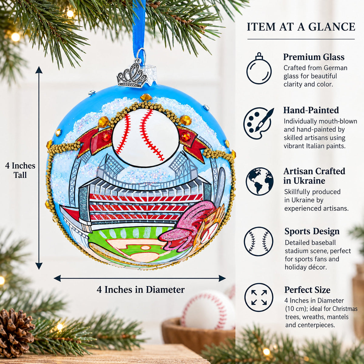 Baseball Stadium Scene Glass Ball Christmas Ornament 4 Inches