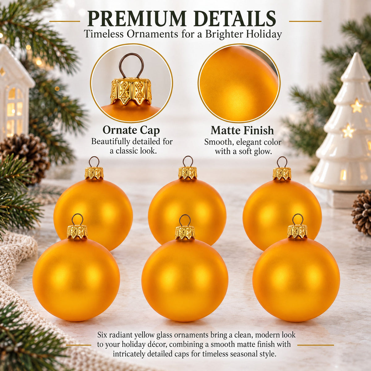 Set of 6 Matte Yellow Glass Ball Christmas Ornaments 2.4 Inches