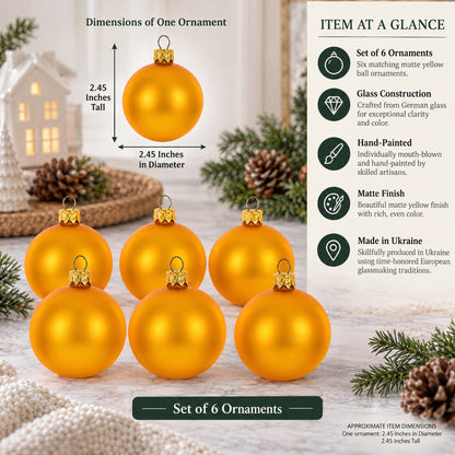 Set of 6 Matte Yellow Glass Ball Christmas Ornaments 2.4 Inches