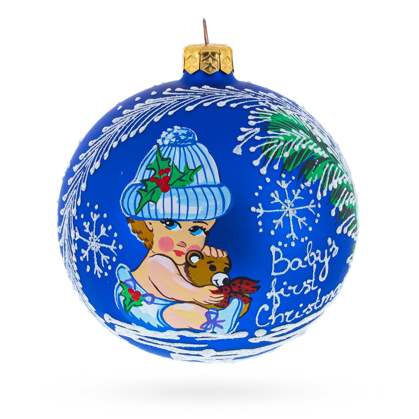 Girl Hugging Teddy Bear Glass Ball Baby's First Christmas Ornament 4 Inches