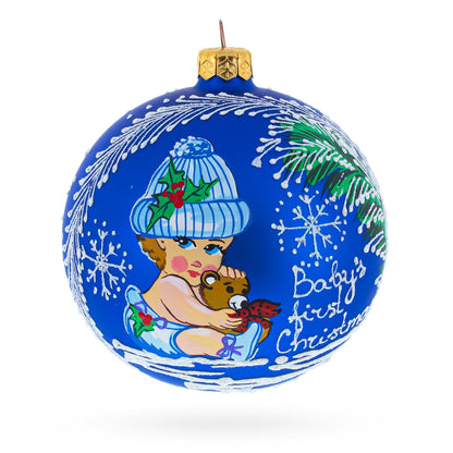 Girl Hugging Teddy Bear Glass Ball Baby's First Christmas Ornament 4 Inches