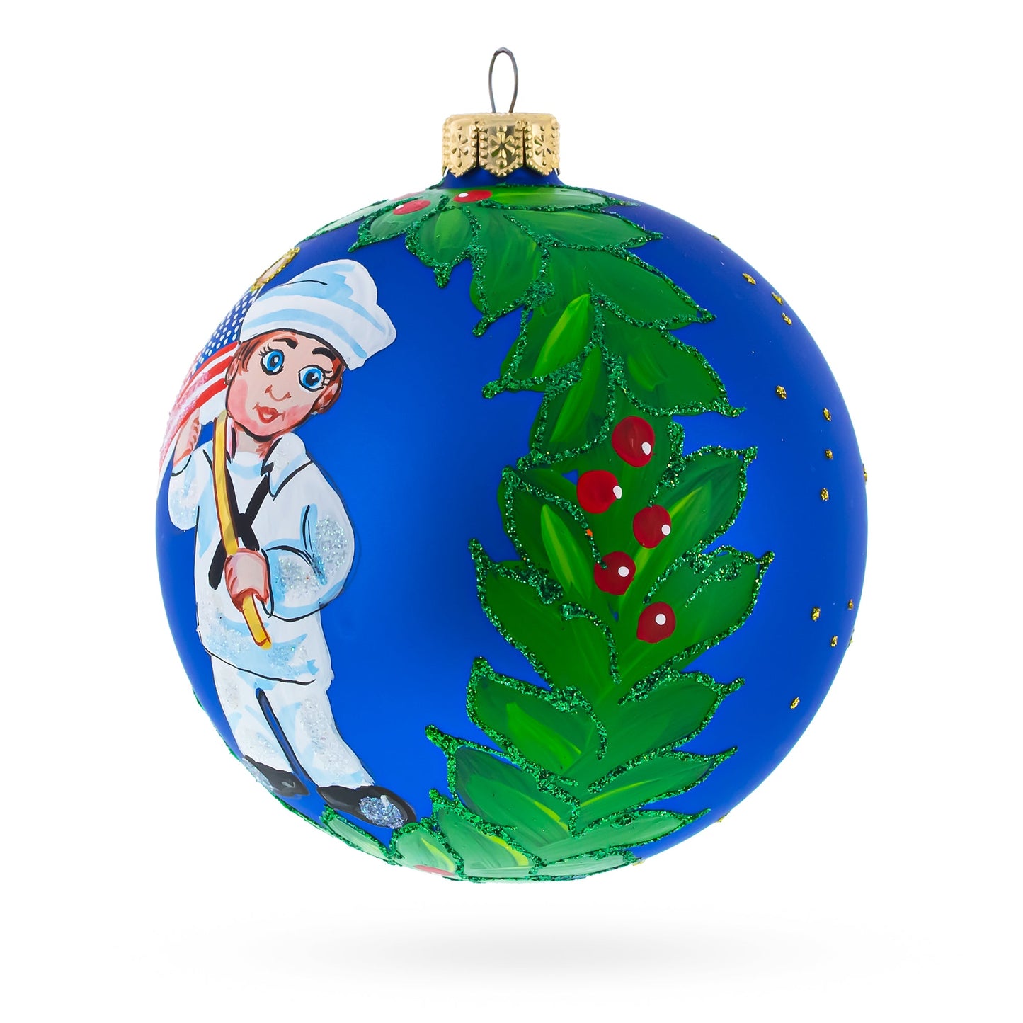 USA Navy Soldier with American Flag Glass Ball Patriotic Christmas Ornament 4 Inches