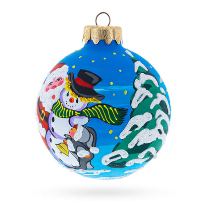 Santa and Two Snowmen Glass Ball Christmas Ornament 3.25 Inches