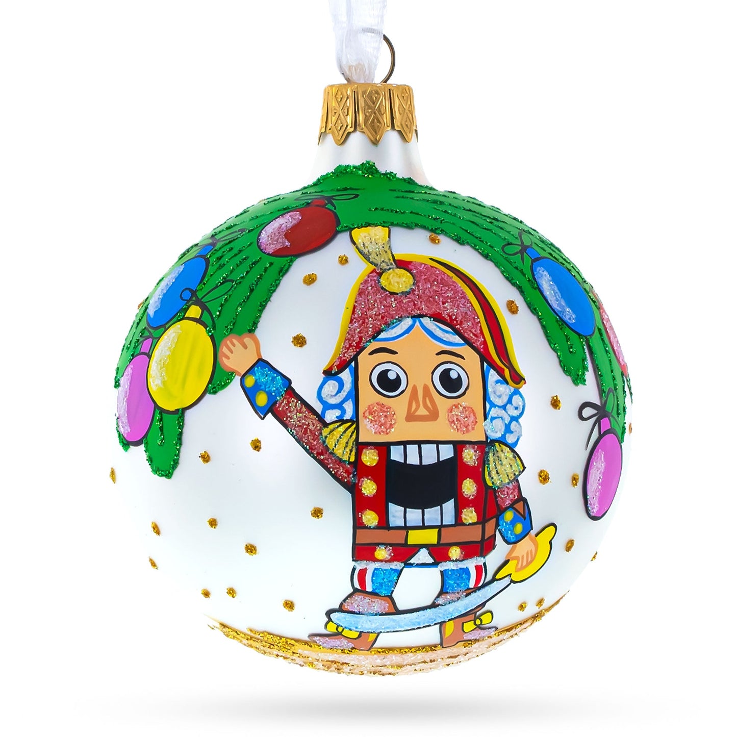 Nutcracker and Christmas Tree Glass Ball Ornament 3.25 Inches