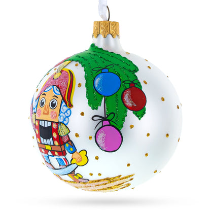 Nutcracker and Christmas Tree Glass Ball Ornament 3.25 Inches
