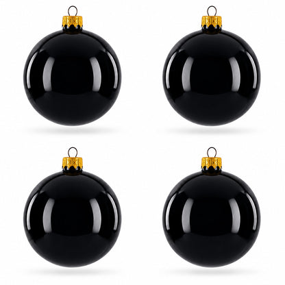 Set of 4 Glossy Black Glass Ball Christmas Ornaments 4 Inches