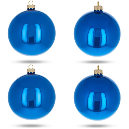 Set of 4 Glossy Blue Glass Ball Christmas Ornaments 4 Inches