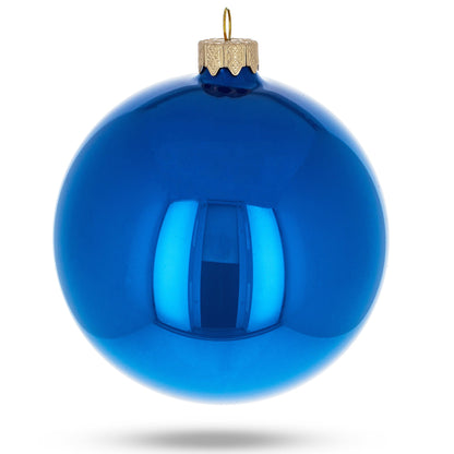 Set of 4 Glossy Blue Glass Ball Christmas Ornaments 4 Inches