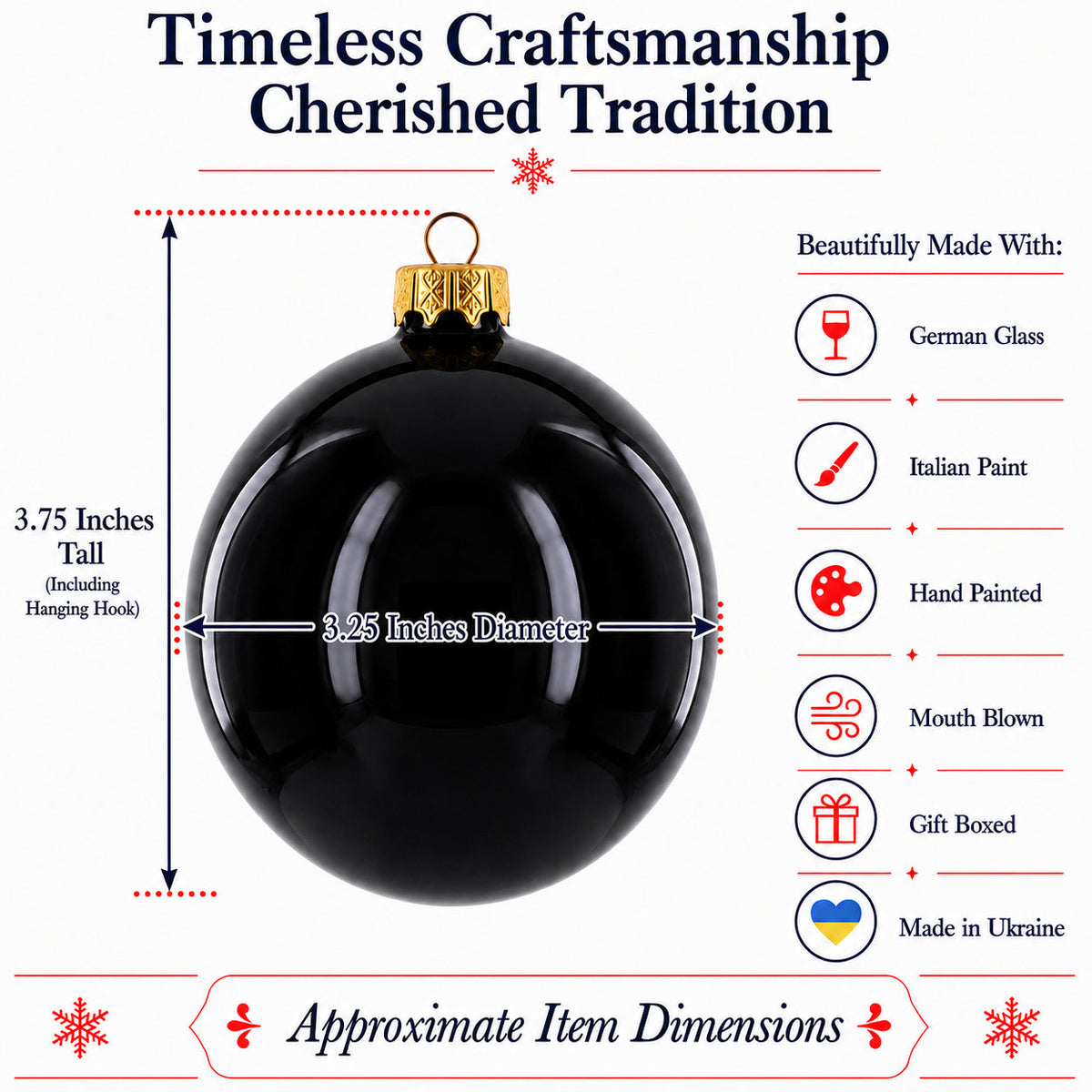 Black Glossy Glass Ball Christmas Ornament 3.25 Inches