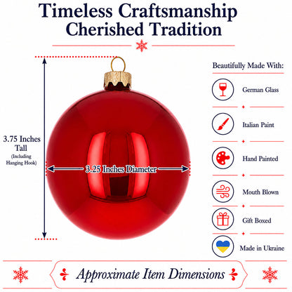 Set of 6 Red Glossy Glass Ball Christmas Ornaments 3.25 Inches