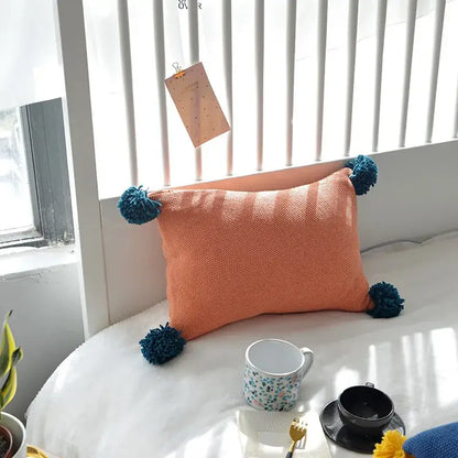Knit cushion cover set blue orange & grey living room pom poms
