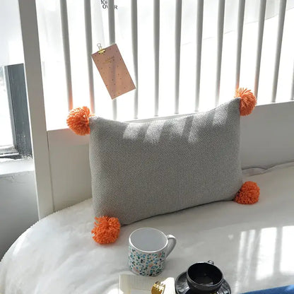 Knit cushion cover set blue orange & grey living room pom poms