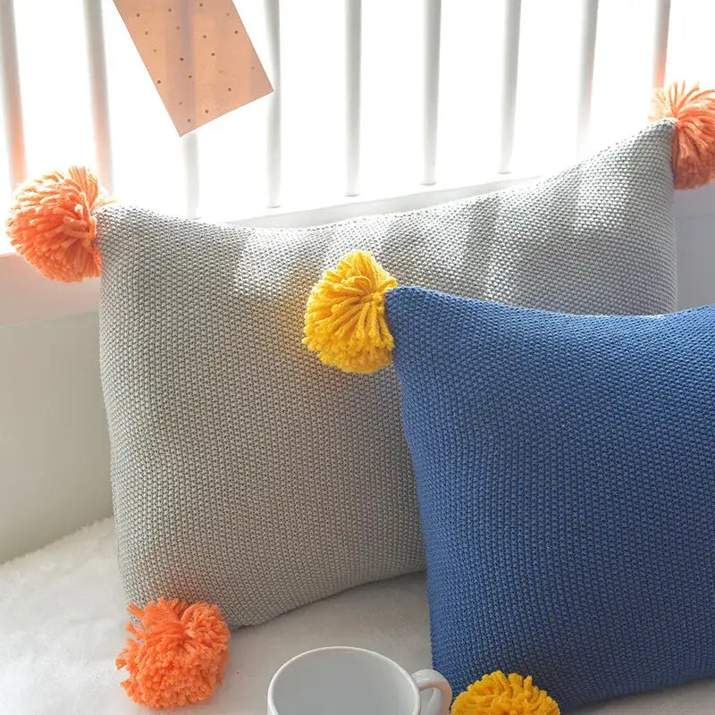 Knit cushion cover set blue orange & grey living room pom poms