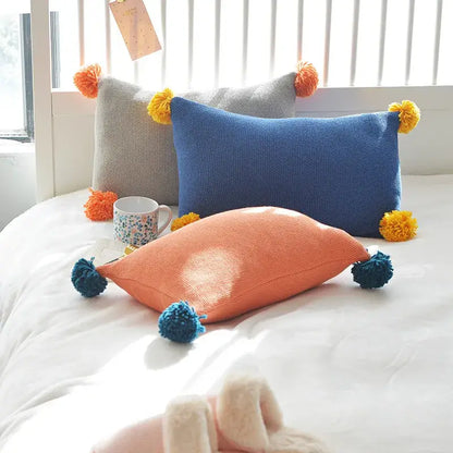 Knit cushion cover set blue orange & grey living room pom poms