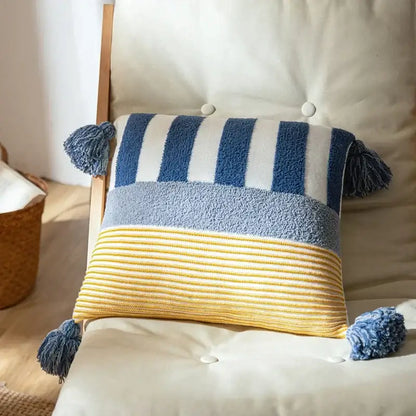 Knit stripe pillow cover coral & white living room with tassels
