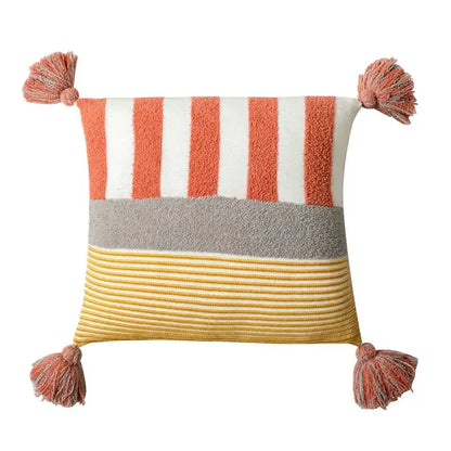 Knit stripe pillow cover coral & white living room with tassels