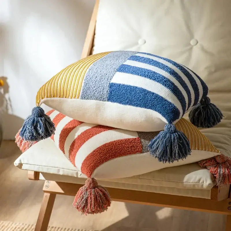 Knit stripe pillow cover coral & white living room with tassels