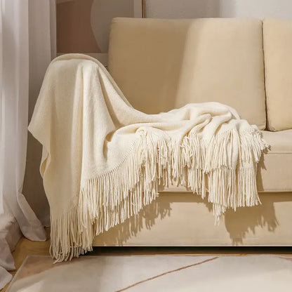 Knitted cashmere siesta blanket bedroom pastel fringed throw