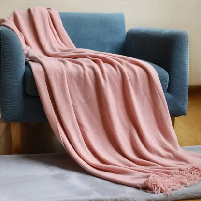 Knitted cashmere siesta blanket bedroom pastel fringed throw