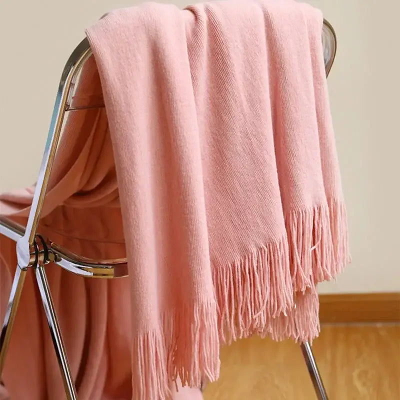 Knitted cashmere siesta blanket bedroom pastel fringed throw