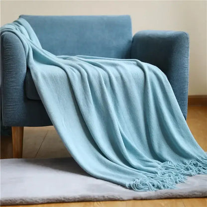 Knitted cashmere siesta blanket bedroom pastel fringed throw