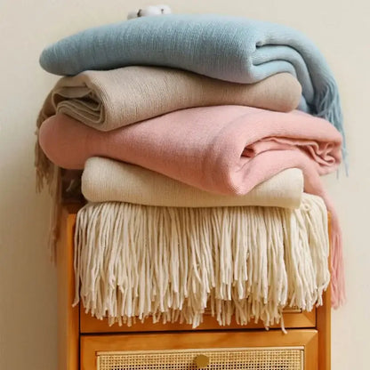 Knitted cashmere siesta blanket bedroom pastel fringed throw