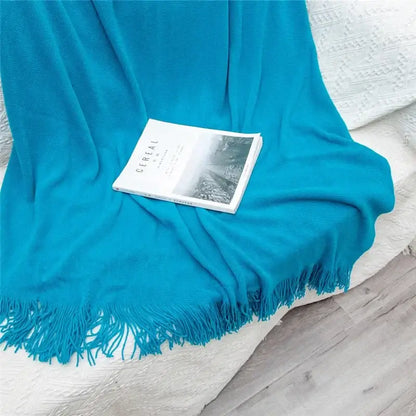 Knitted cashmere siesta blanket bedroom pastel fringed throw
