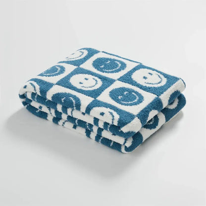 Knitted checkboard smile face gray & white blanket bedroom throw