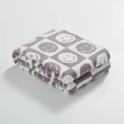 Knitted checkboard smile face gray & white blanket bedroom throw