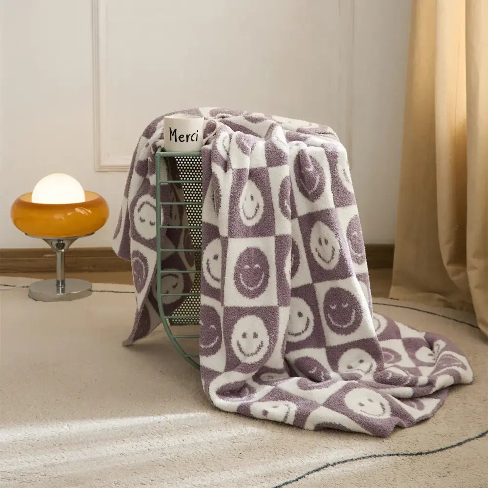 Knitted checkboard smile face gray & white blanket bedroom throw