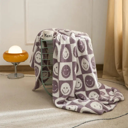 Knitted checkboard smile face gray & white blanket bedroom throw